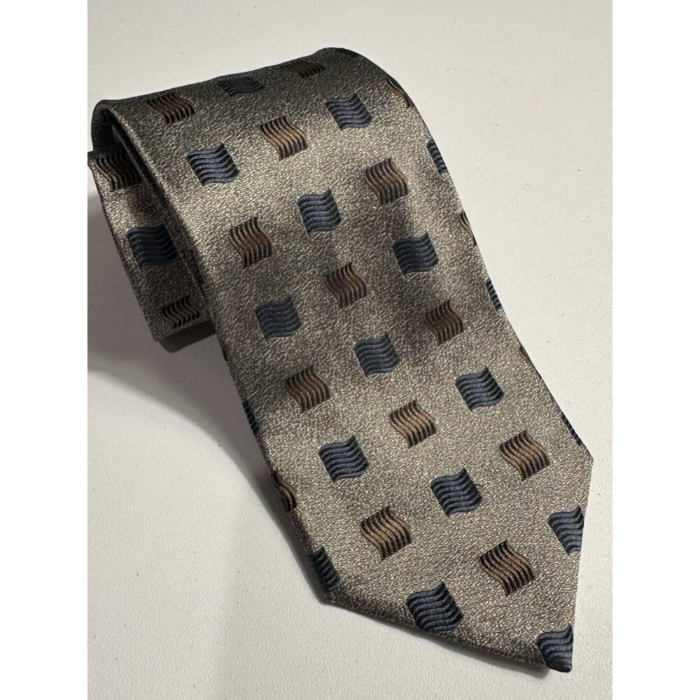 XMI Vintage Mens Tie 100% Silk Tie Geometric Made in USA Gray/Blue